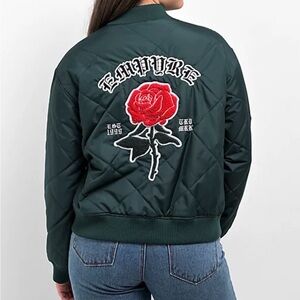 Empyre Green Bomber Jacket with Red Rose Design